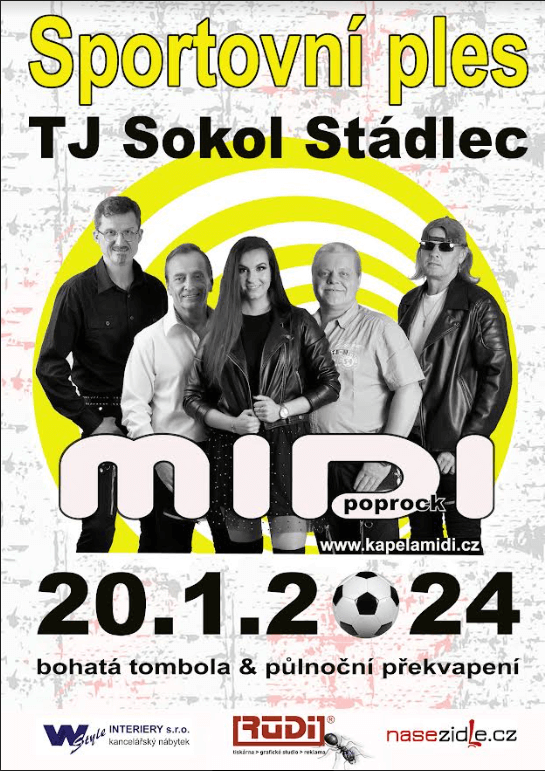 Plakát kapely MIDI s pozvánkou na ples fotbalistů ve Stádlci v lednu 2024